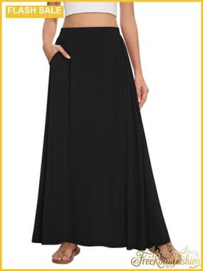 Womens Maxi Skirt Long Flowy A-Line High Waist Pockets Summer